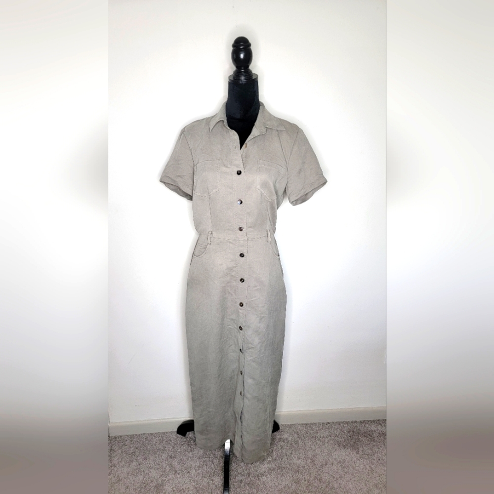 VINTAGE ROBBIE BEE Grey Short Sleeve  Linen Blend Collared Shirt Maxi Dress